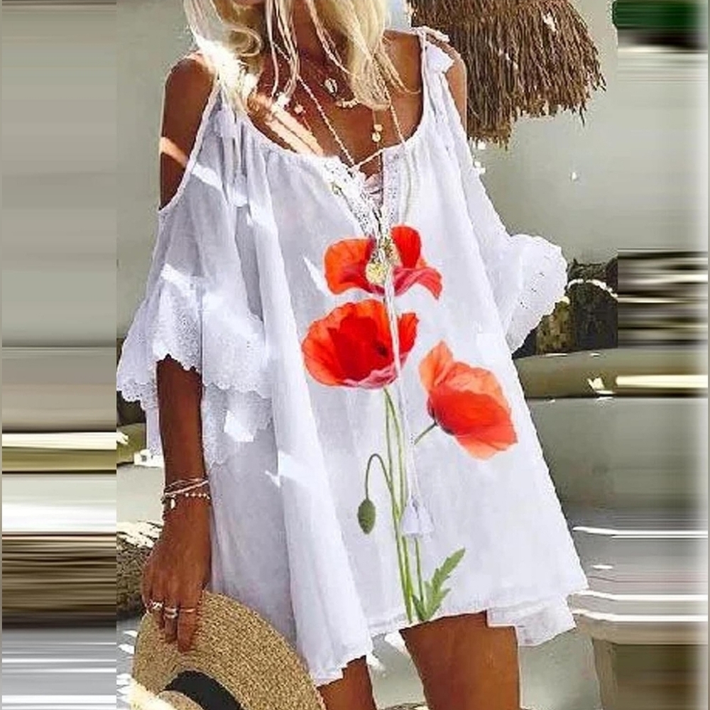 XL beachy flowy white mini dress with cold shoulder sleeves. Poppy flower print.
